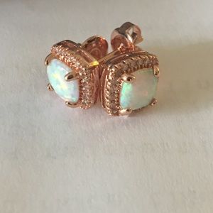 Fire Opal & Rose Gold Halo Stud Earrings